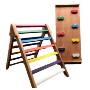 Pikler Triangle With Slide & Rock Climbing – Colorful Dark Brown Pikler Triangle With Slide & Rock Climbing – Colorful Dark Brown